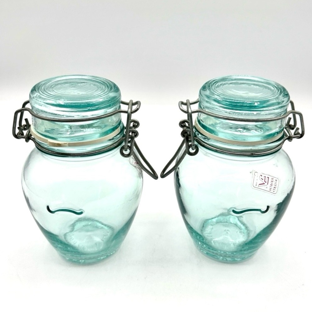2 Etrusca Vetreria Glass Bail & Wire Italian Canning Jars. Vintage